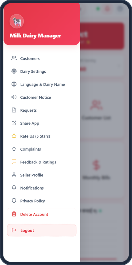 Milk Dairy Manager Features Menu Screen